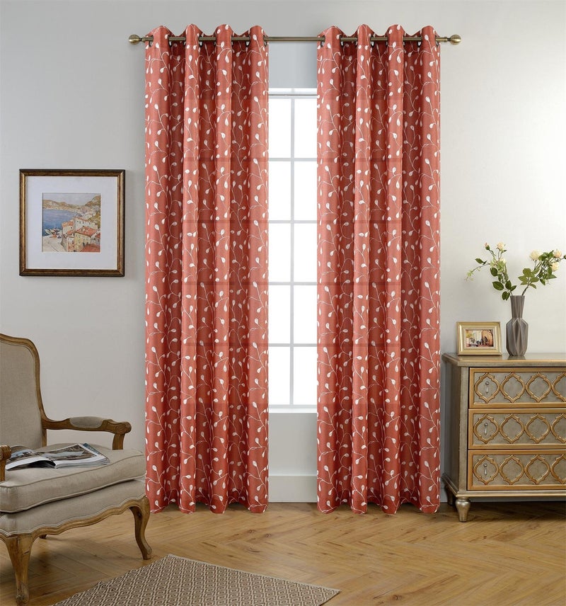 MIUCO Floral Embroidered Semi Sheer Curtains Faux Linen Extra Wide Grommet Window Panel Pair for Bedroom 52 x 95 Inch, Rust - Image 2
